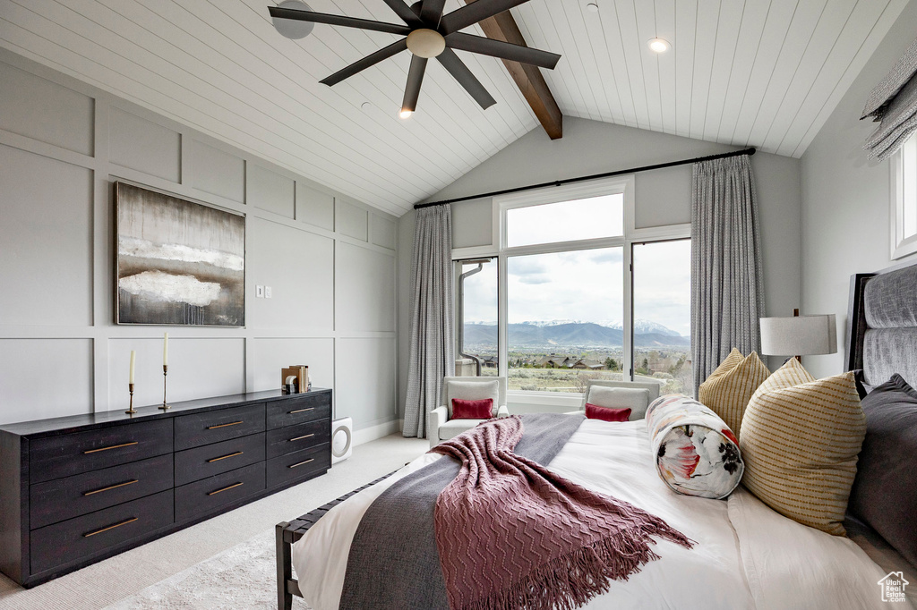 Bedroom with a mountain view, carpet floors, ceiling fan, and recessed lighting
