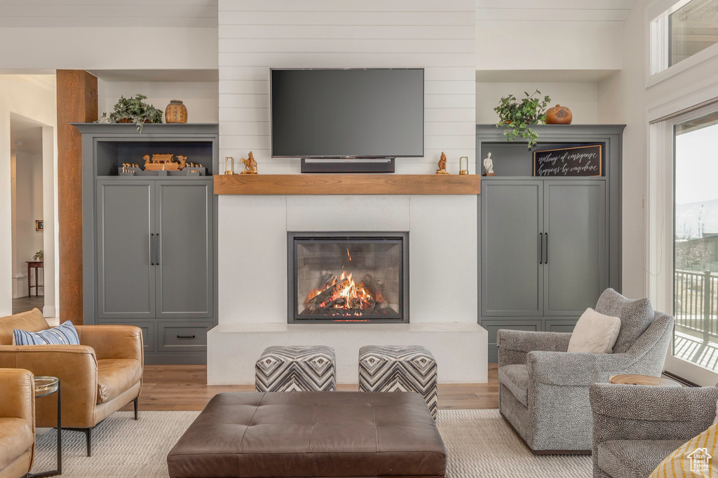 Living area featuring a large fireplace, light wood-type flooring, and plenty of natural light
