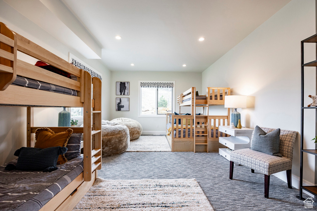 Bedroom with recessed lighting, baseboards, and carpet flooring