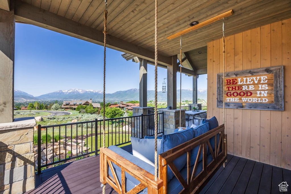 Wooden terrace with a mountain view