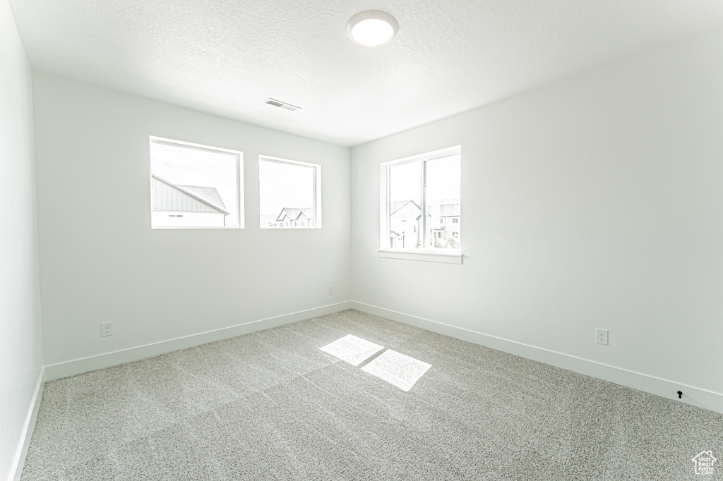 Unfurnished room featuring light colored carpet and a textured ceiling