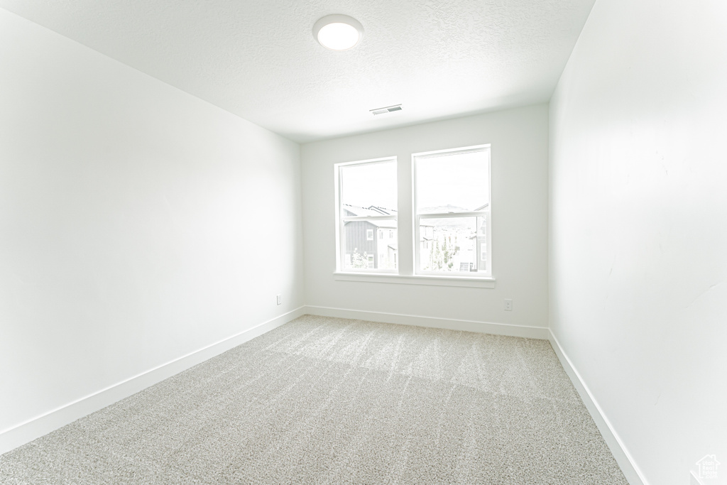 Unfurnished room featuring light colored carpet and a textured ceiling