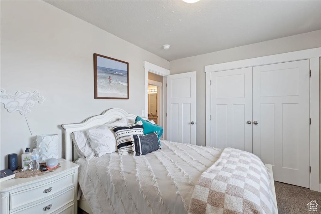 Bedroom with a closet and carpet flooring