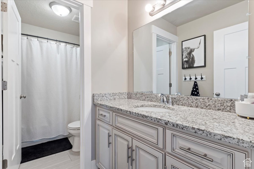 Full bathroom with curtained shower, vanity, and toilet