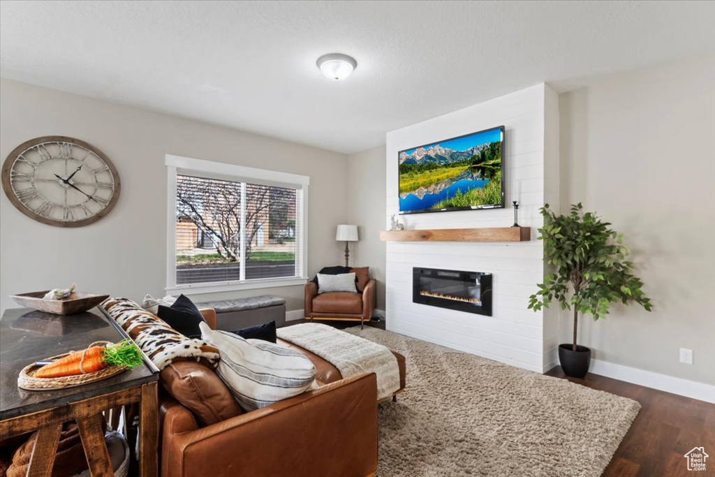 Living area featuring dark wood-type flooring, baseboards, and a fireplace