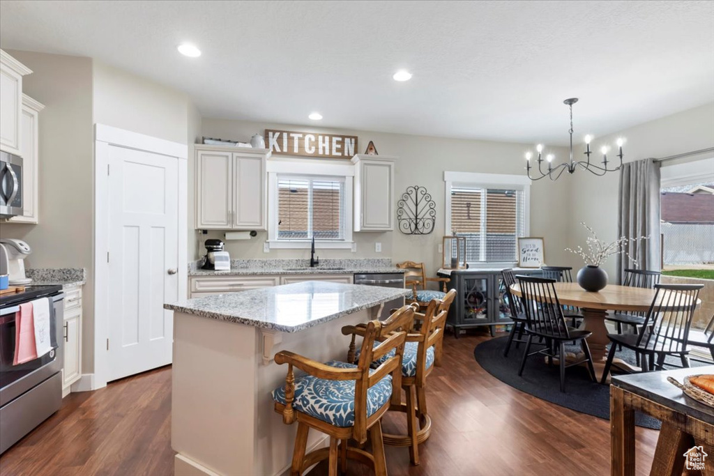 Kitchen featuring an inviting chandelier, a sink, appliances with stainless steel finishes, dark wood-style floors, and recessed lighting