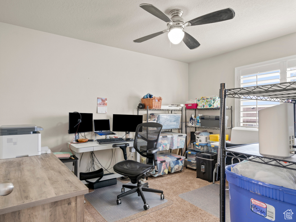 Home office featuring a ceiling fan and carpet