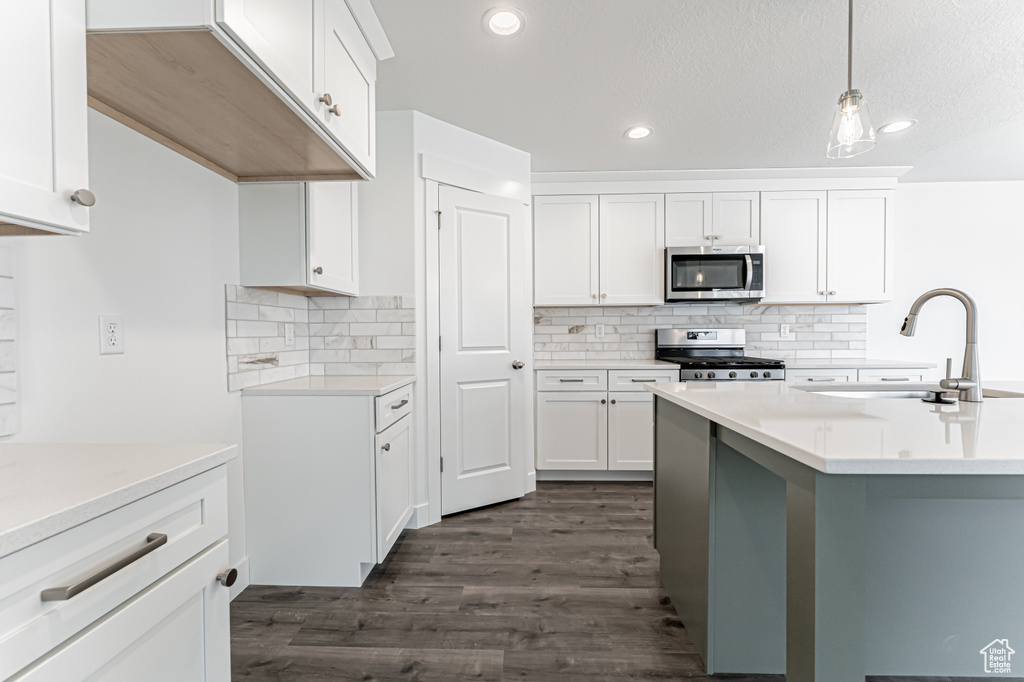 Kitchen with appliances with stainless steel finishes, dark wood-style flooring, light countertops, recessed lighting, and tasteful backsplash
