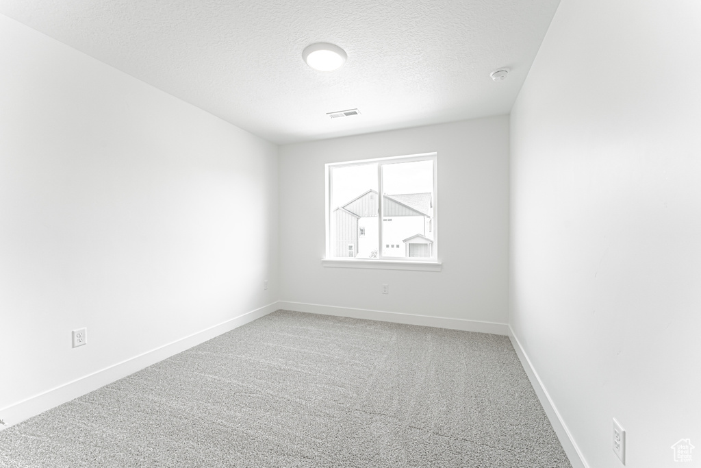 Unfurnished room featuring a textured ceiling and light carpet