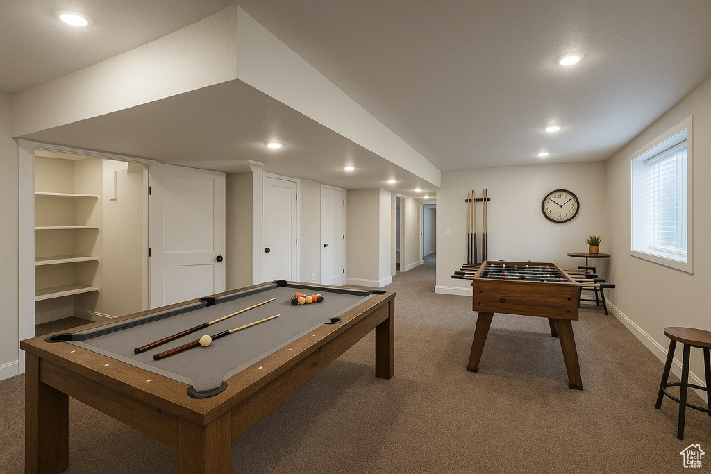 Recreation room featuring recessed lighting, baseboards, carpet flooring, and billiards table