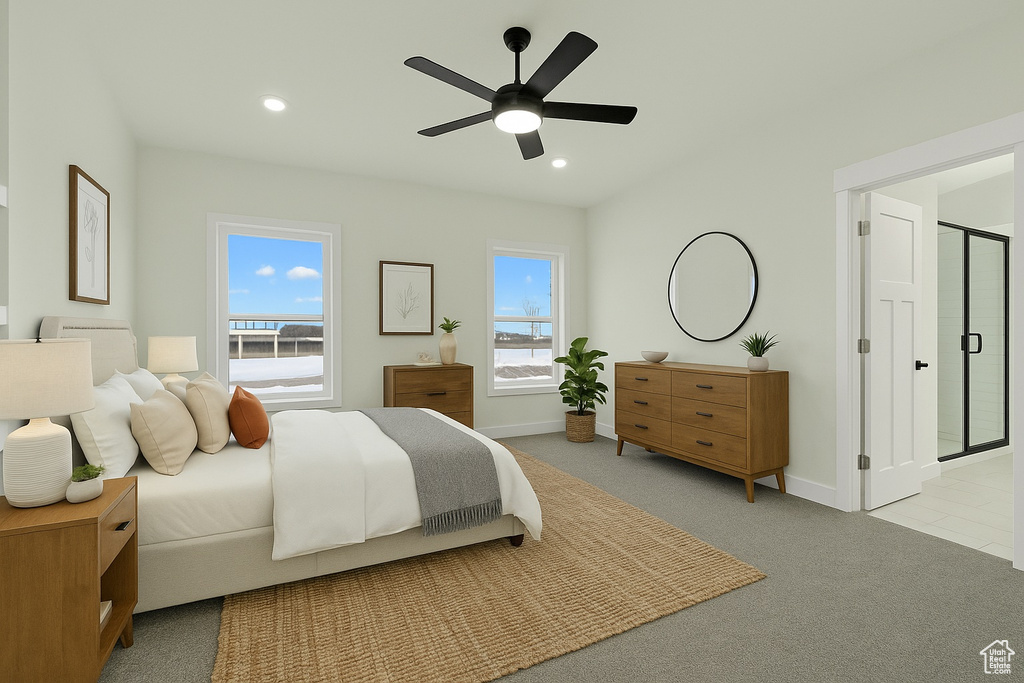 Bedroom featuring baseboards, a ceiling fan, carpet flooring, and recessed lighting