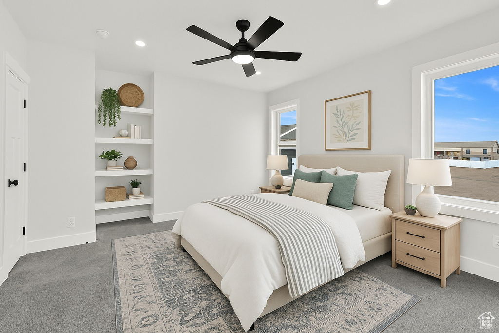 Bedroom featuring baseboards, carpet flooring, recessed lighting, and ceiling fan
