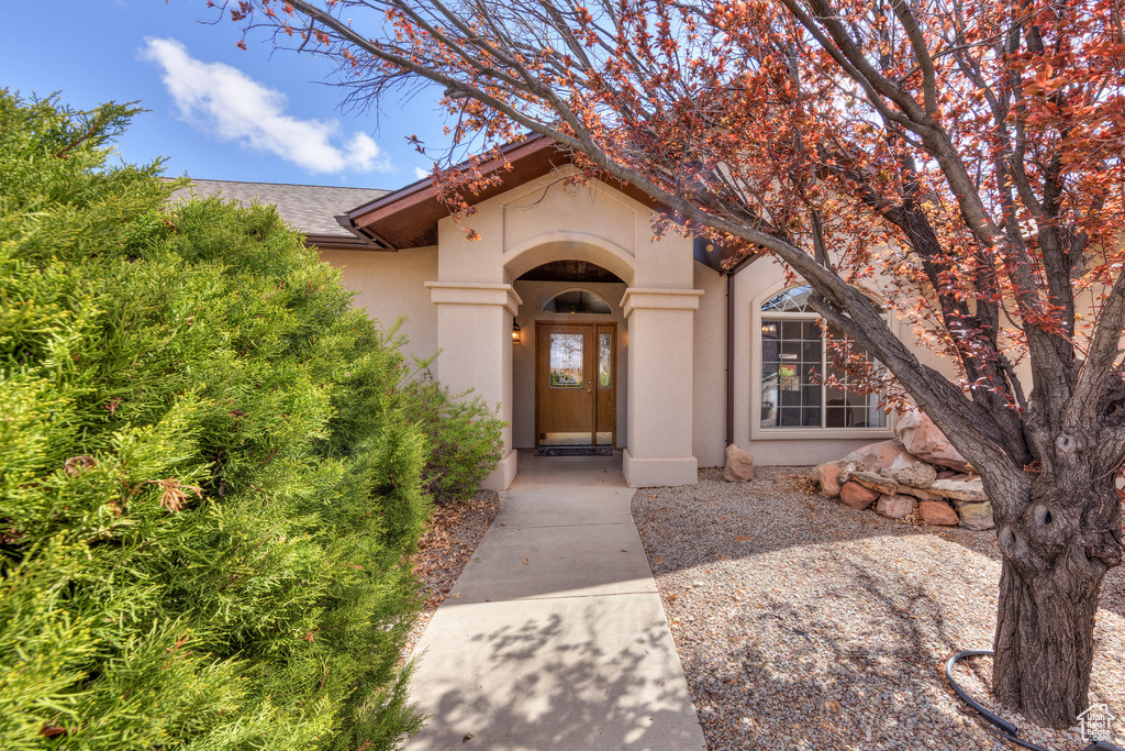 Doorway to property featuring roof with shingles and stucco siding