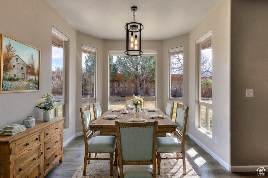Dining room with dark wood-type flooring and baseboards