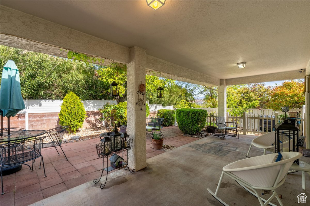 View of patio featuring a fenced backyard and outdoor dining area
