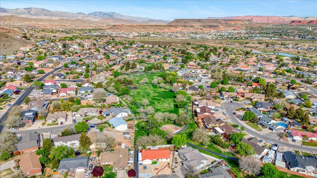 Drone / aerial view with a mountain view and a residential view