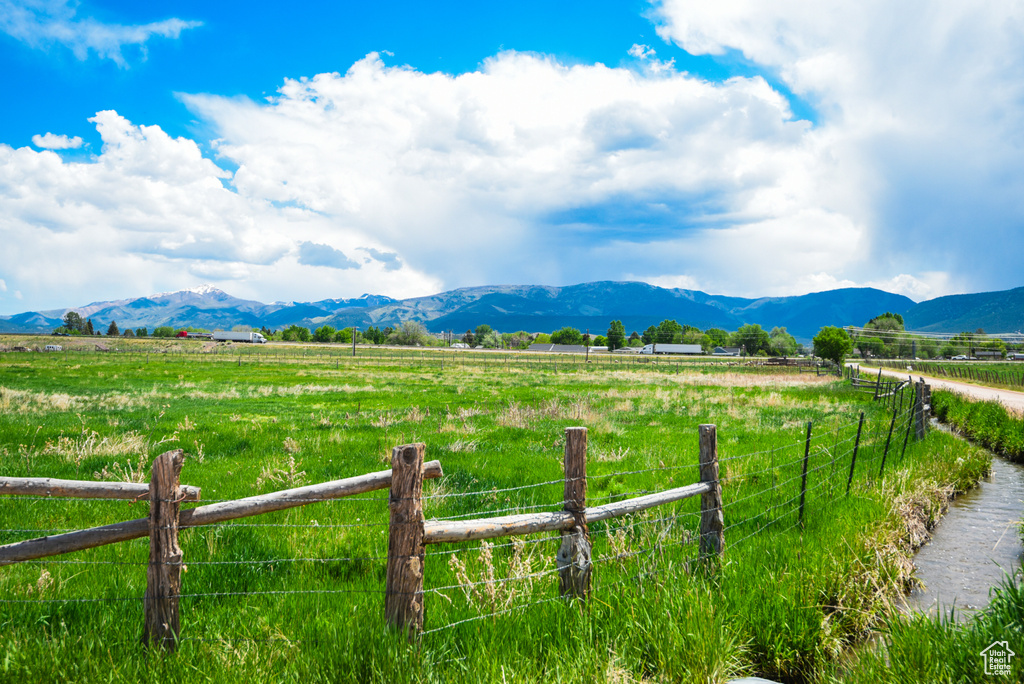 Mountain view with rural landscape and agricultural land