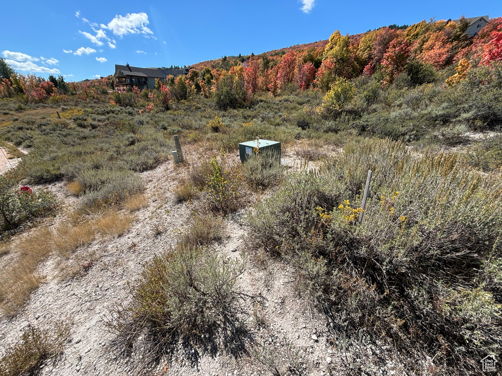 Property view of mountains featuring a wooded view