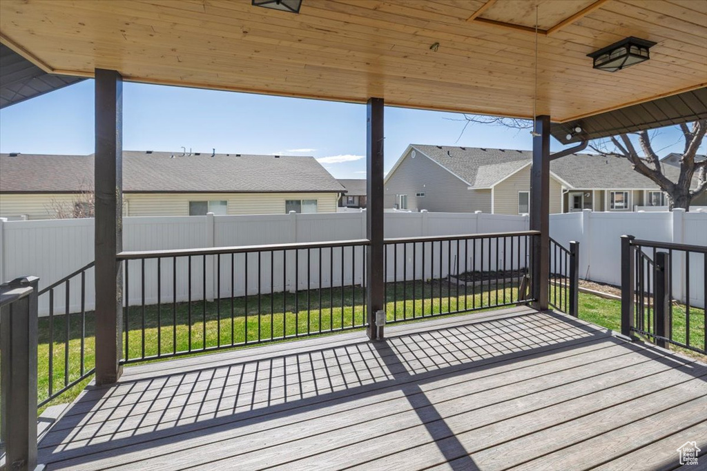 Deck featuring a yard, a fenced backyard, and a residential view