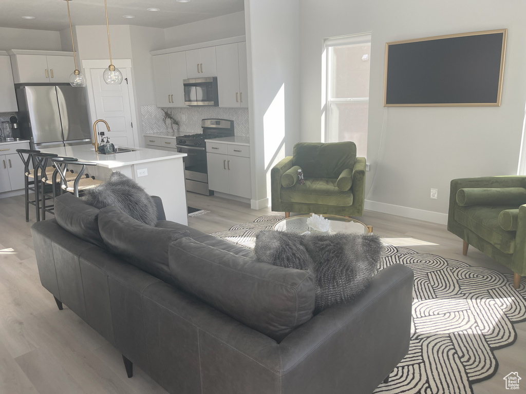 Living room featuring light wood finished floors and baseboards