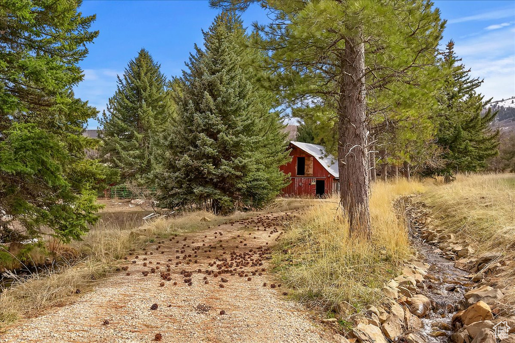 View of yard with an outbuilding and a barn
