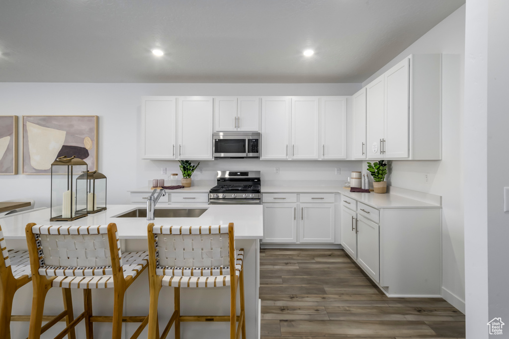 Kitchen featuring stainless steel appliances, dark wood-style floors, a kitchen breakfast bar, and light countertops