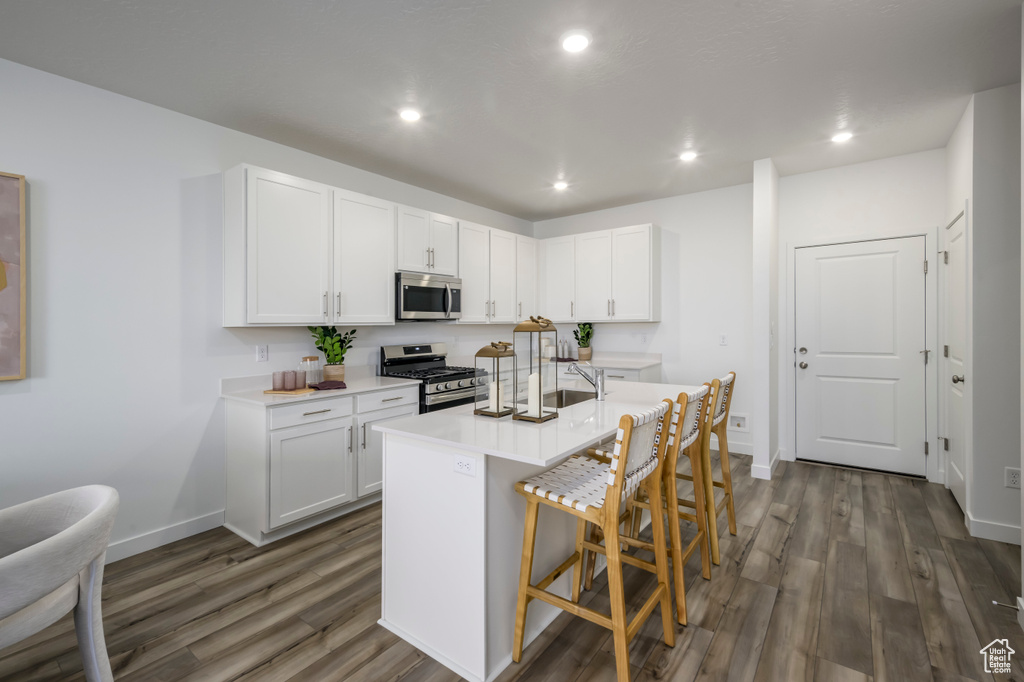 Kitchen featuring light countertops, dark wood finished floors, recessed lighting, stainless steel appliances, and a breakfast bar area