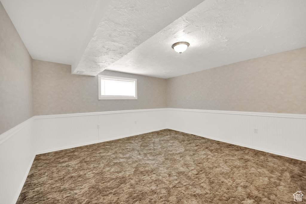 Basement featuring carpet flooring, wainscoting, and a textured ceiling