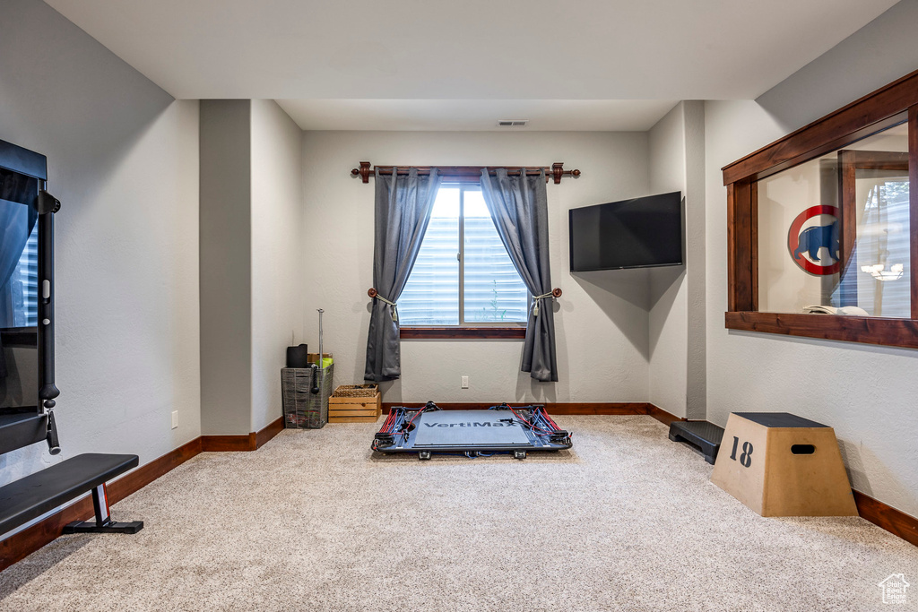 Exercise room featuring carpet flooring, visible vents, and baseboards