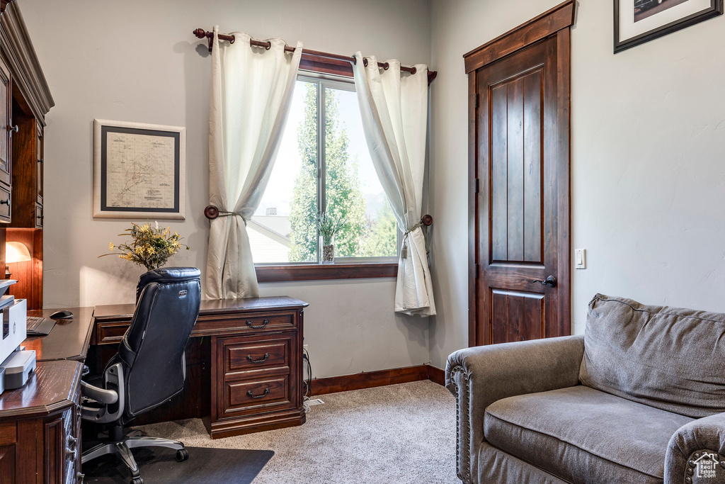 Office space featuring light carpet and baseboards
