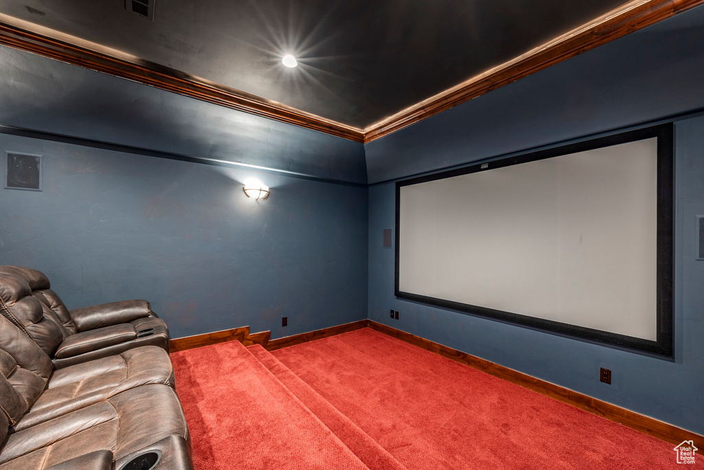Carpeted cinema room featuring ornamental molding, baseboards, and visible vents