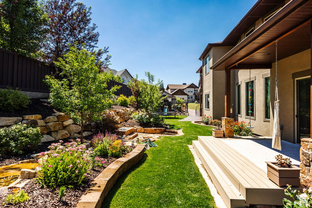 View of yard featuring a fenced backyard and a residential view
