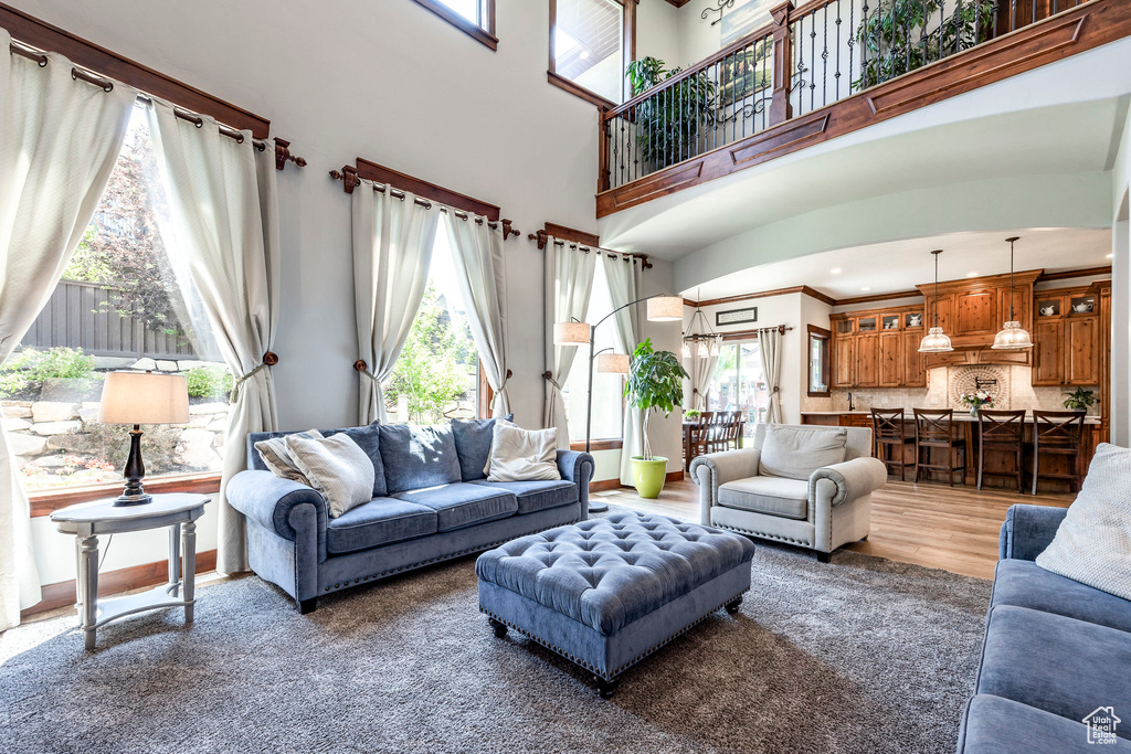 Living room featuring baseboards, plenty of natural light, and a towering ceiling