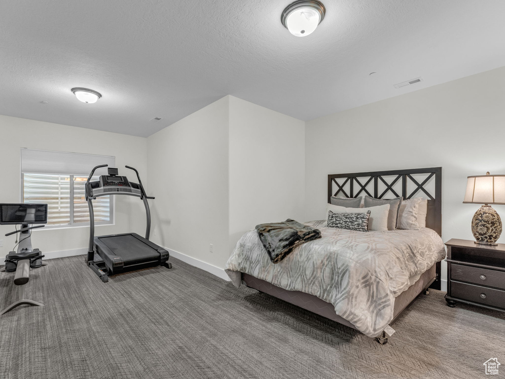 Bedroom featuring baseboards, carpet flooring, and a textured ceiling