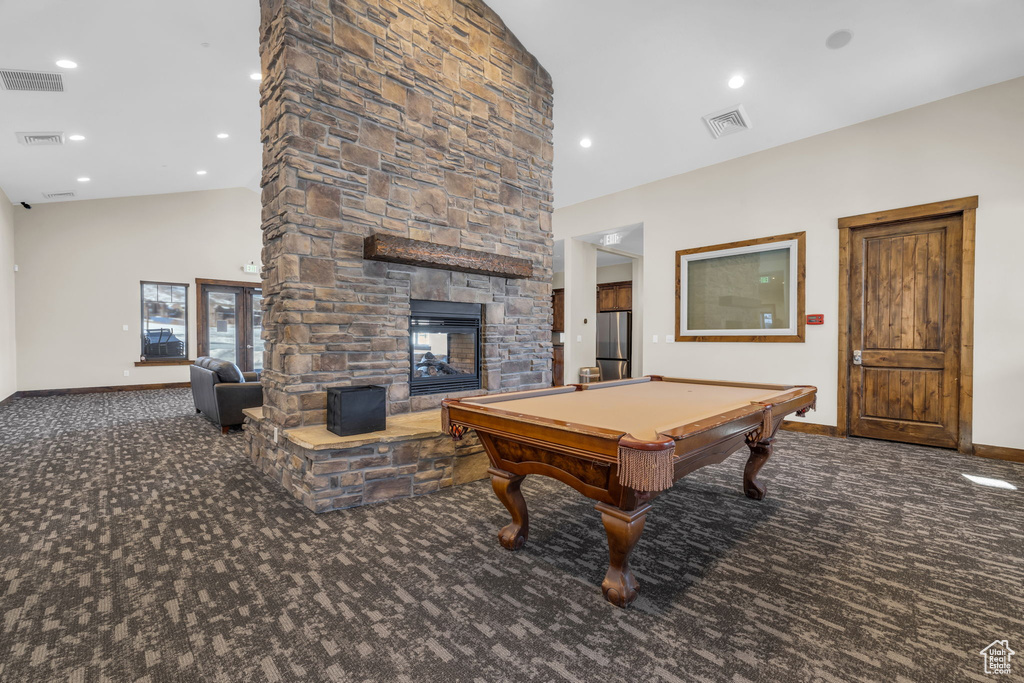 Game room with carpet, baseboards, billiards table, recessed lighting, and a high ceiling