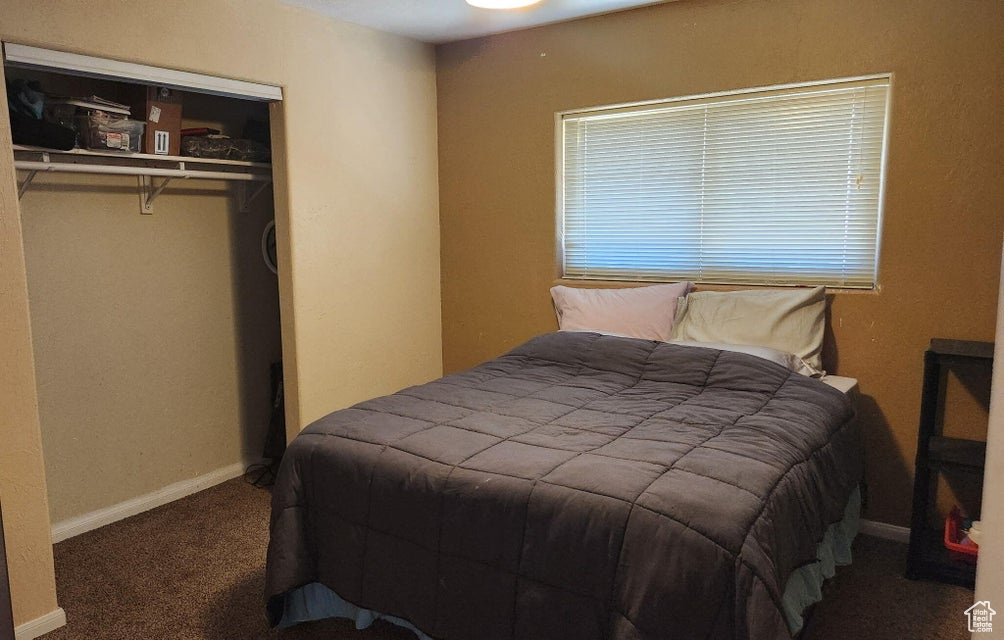Carpeted bedroom featuring baseboards and a closet