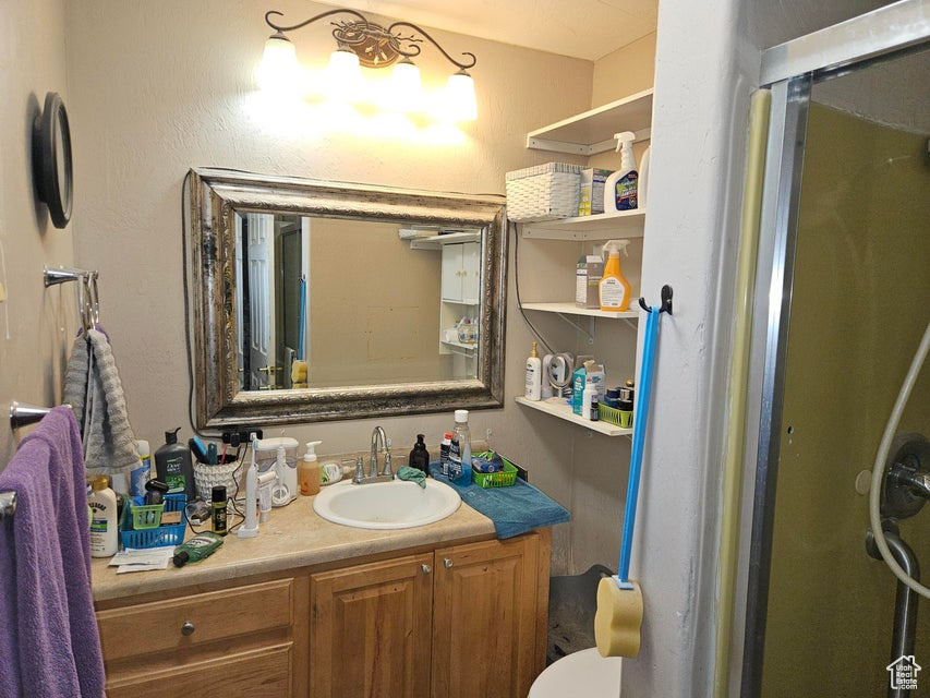 Full bath with vanity and a stall shower