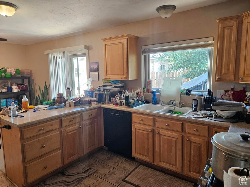 Kitchen with dishwasher, light countertops, a peninsula, and healthy amount of natural light