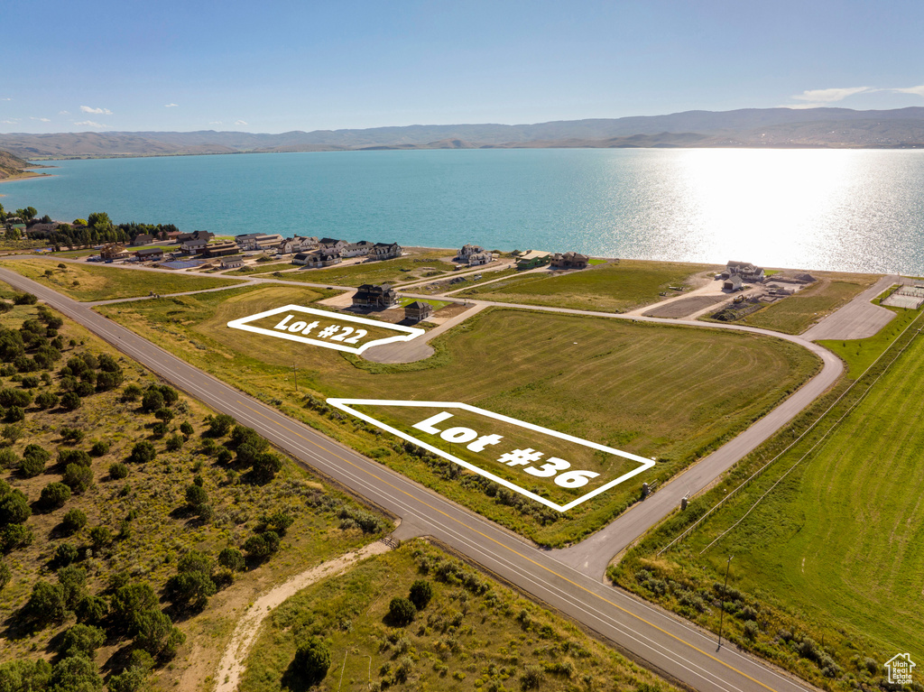 Drone / aerial view featuring a water and mountain view