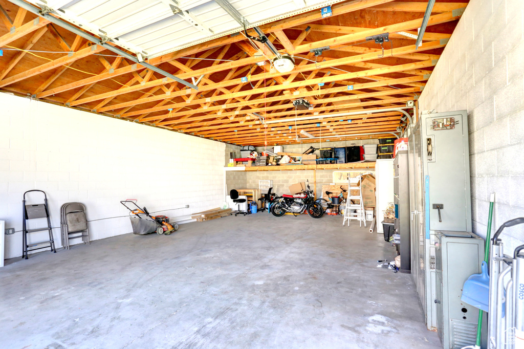 Garage with concrete block wall