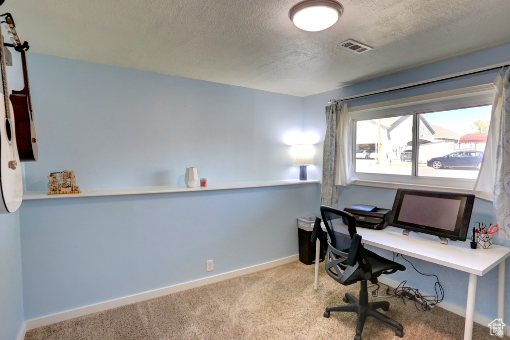 Carpeted office space featuring baseboards, a textured ceiling, and visible vents