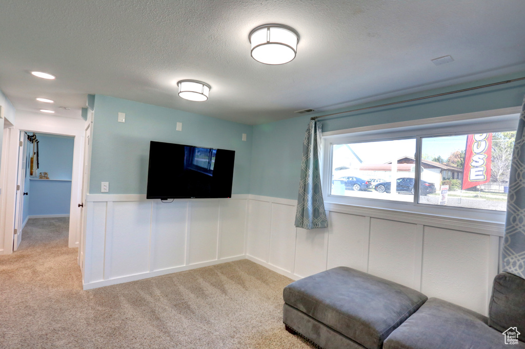 Living area with a wainscoted wall, a textured ceiling, and carpet