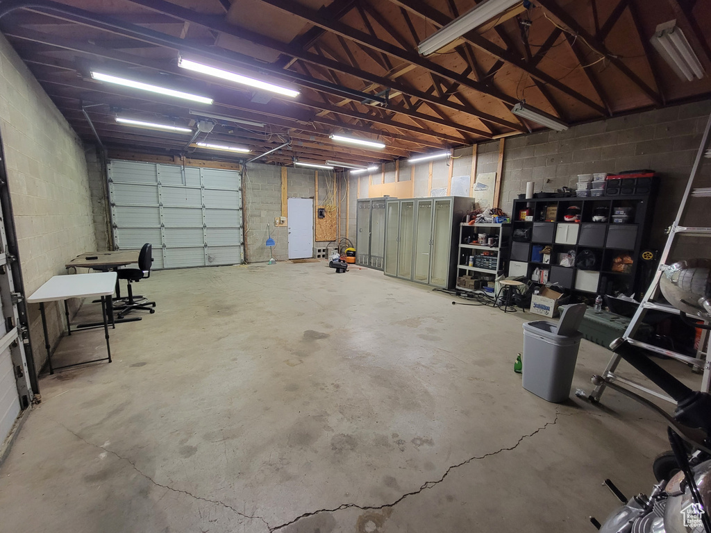 Garage with concrete block wall