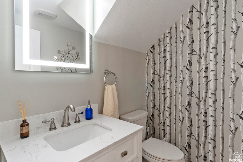 Full bathroom featuring visible vents, a shower with shower curtain, toilet, vanity, and vaulted ceiling