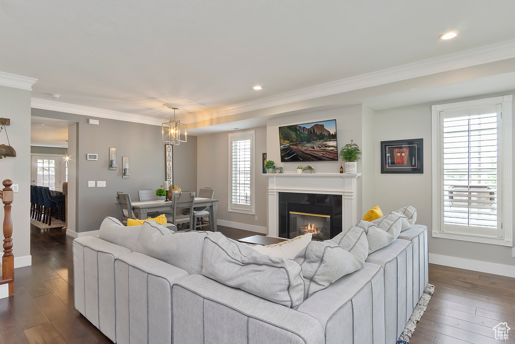 Living room featuring ornamental molding, a glass covered fireplace, recessed lighting, dark wood-style flooring, and baseboards