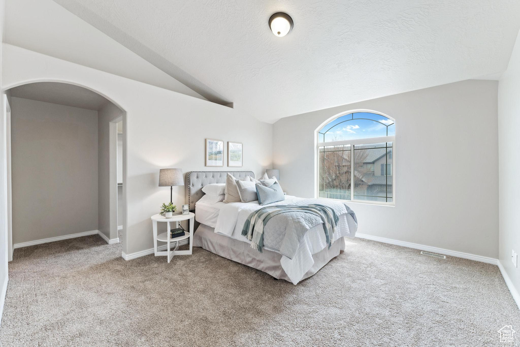 Carpeted bedroom with baseboards, arched walkways, vaulted ceiling, and a textured ceiling