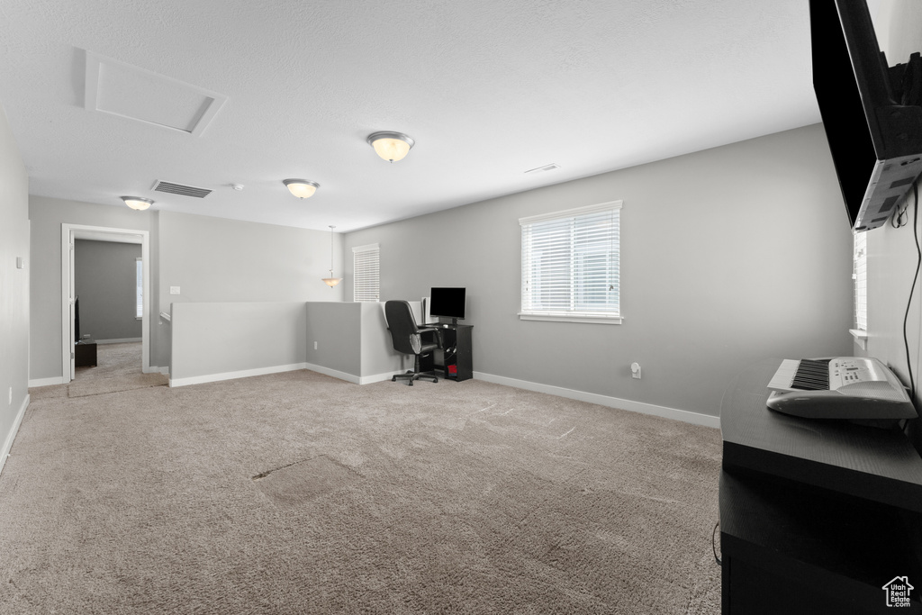 Interior space with light carpet, visible vents, and baseboards