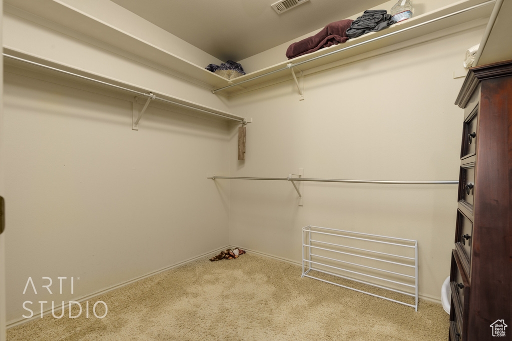 Spacious closet featuring carpet floors and visible vents