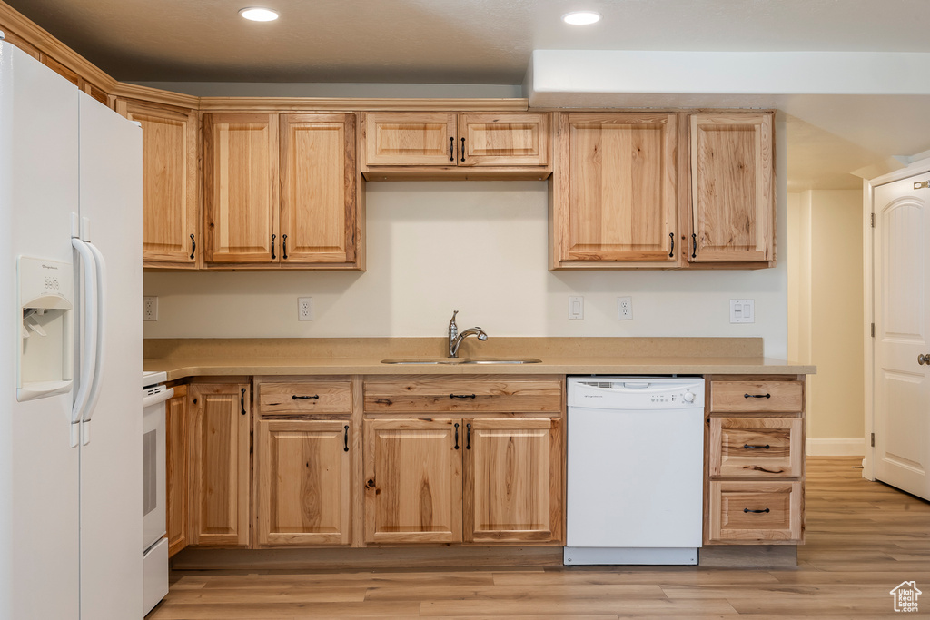 Kitchen featuring a sink, light countertops, light wood-style flooring, and white appliances