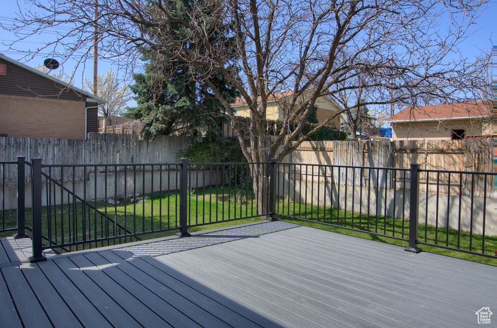 Wooden deck with a fenced backyard